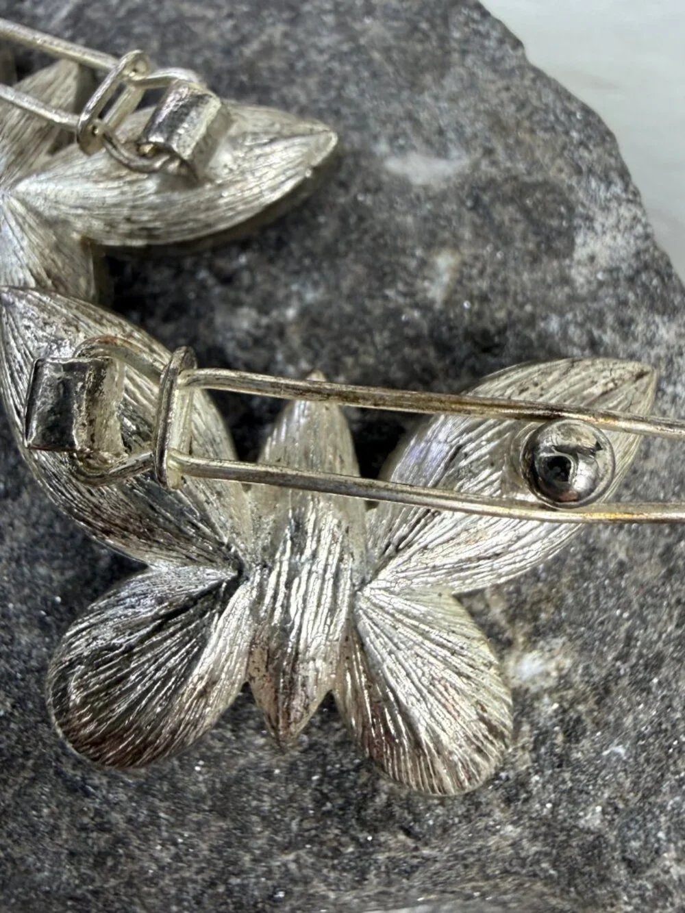 Vintage Pair of Silver Tone Clear & Black Acrylic Butterfly Barrettes 1
